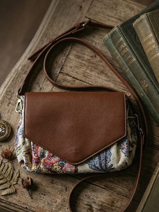 Colab Handbags - COLAB Floral Tapestry Brown Vegan Leather Crossbody Bag Envelope Clutch Purse